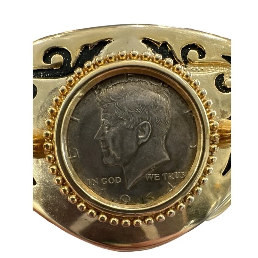 Vintage Gold Color Southwest Western 1964 Kennedy Silver Half Dollar Belt Buckle